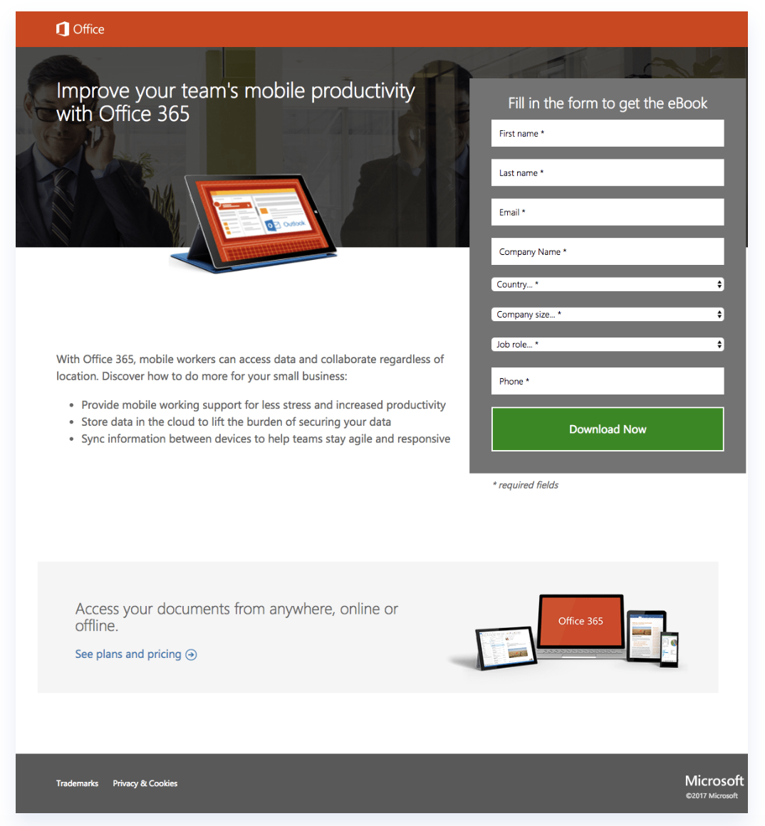 Landing Page example of Microsoft