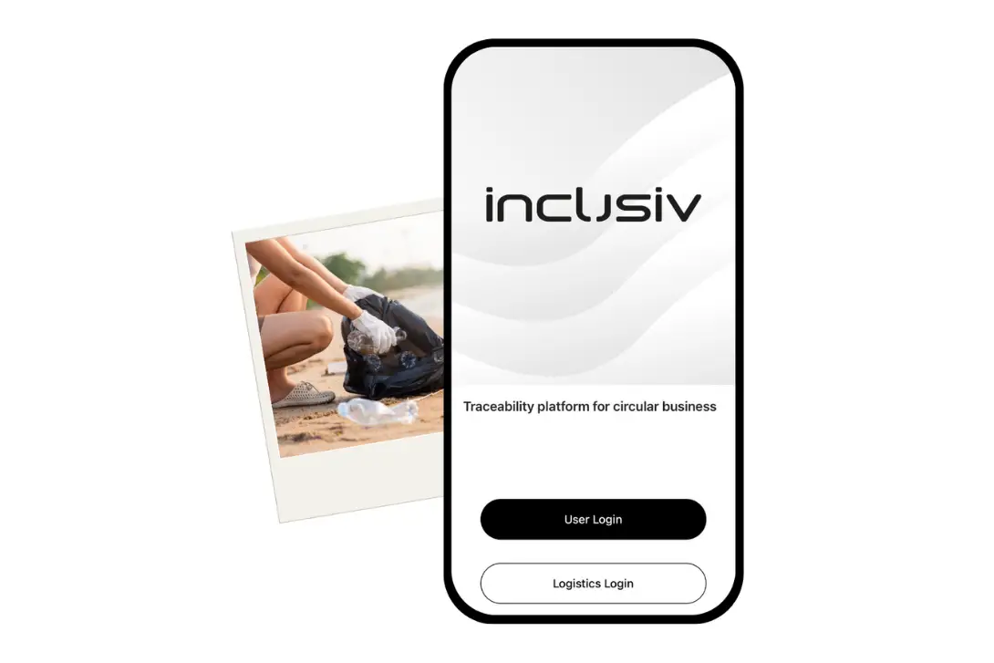 RecyclX mobile app login screen, showcasing a polaroid image of a person collecting plastic from a beach, highlighting the social impact of circular economy efforts.